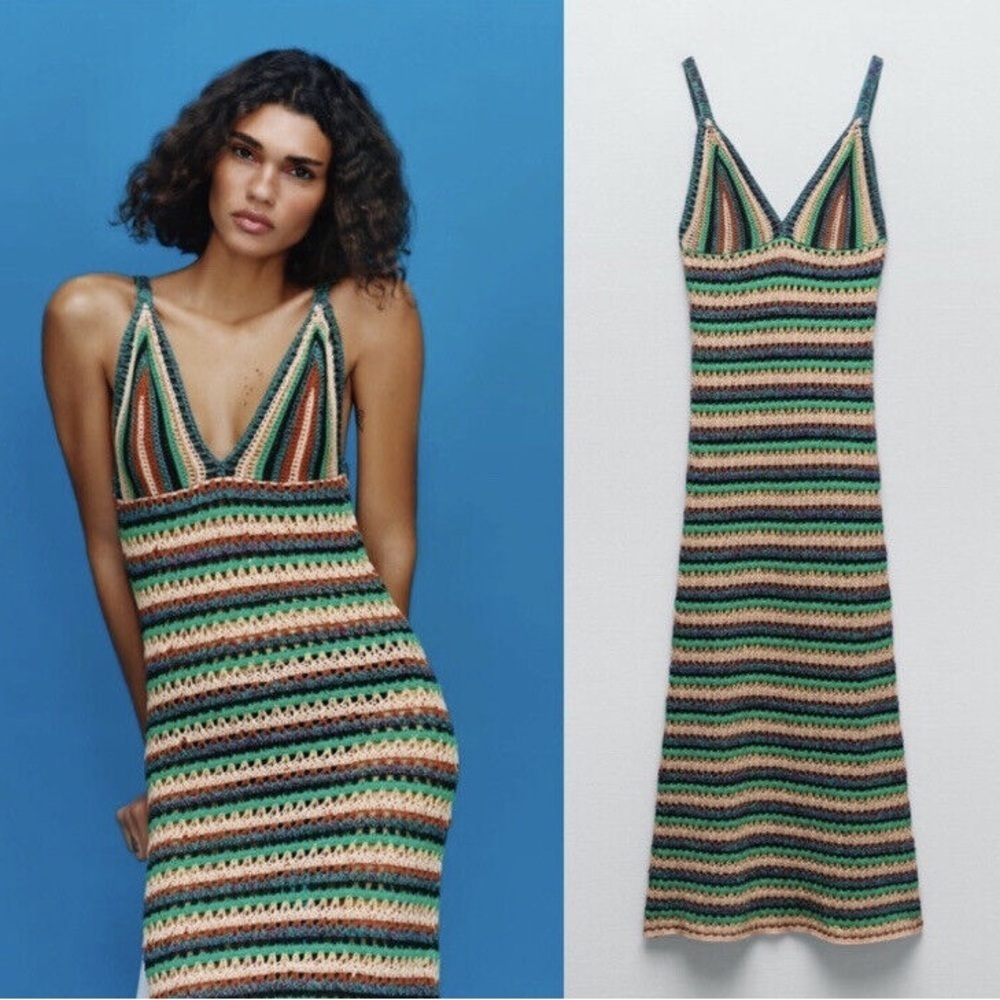 Zara || Striped Crochet Knit V-Neck Bloggers‎ Favorite Dress Cotton Large